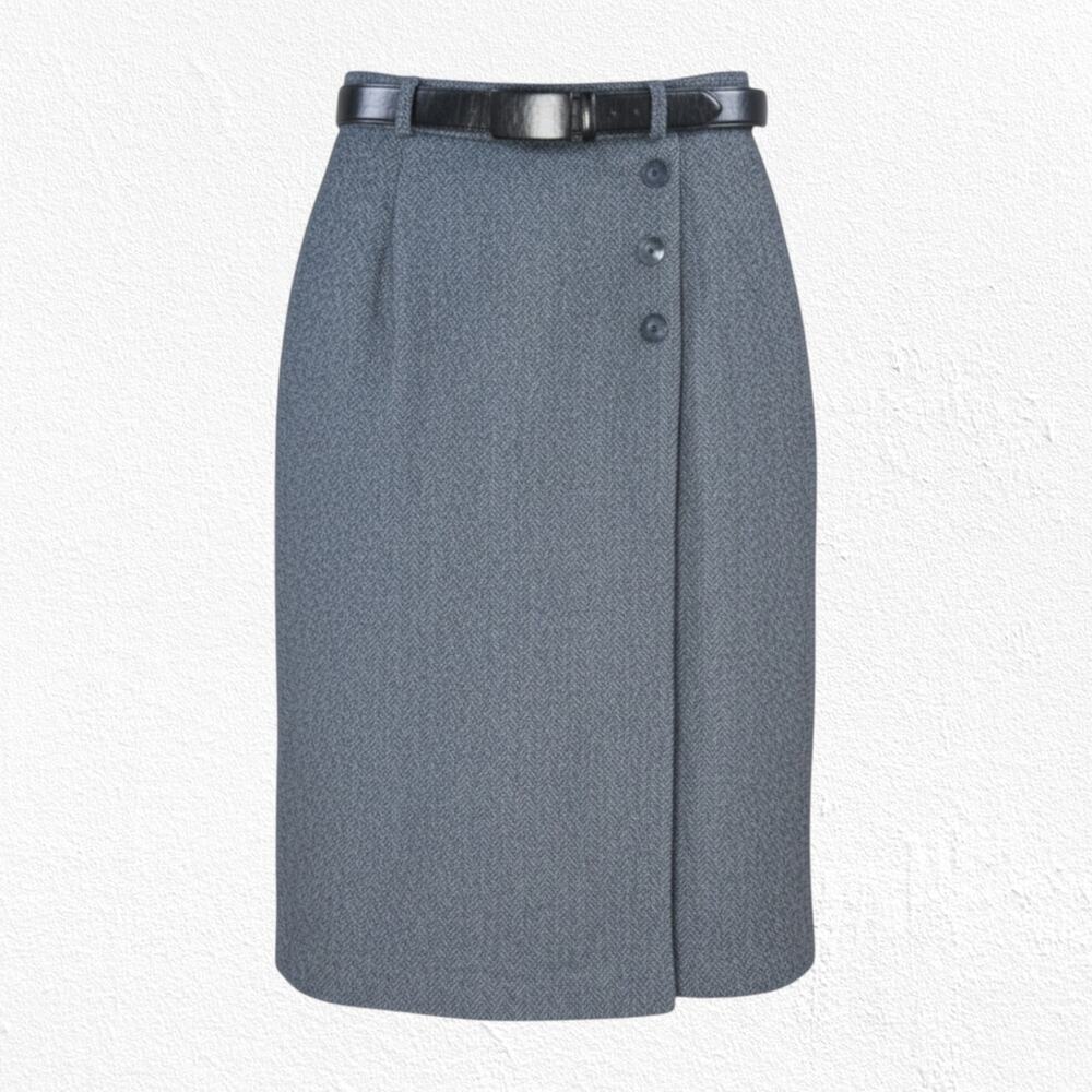 1990s Vintage Blue Gray Wool Blend Herringbone Front Button Wrap Skirt Size 10P